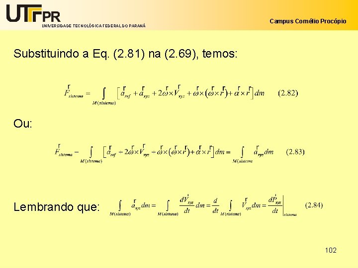 UNIVERSIDADE TECNOLÓGICA FEDERAL DO PARANÁ Campus Cornélio Procópio Substituindo a Eq. (2. 81) na