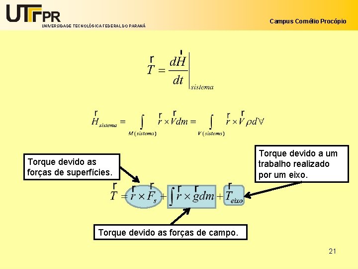 UNIVERSIDADE TECNOLÓGICA FEDERAL DO PARANÁ Torque devido as forças de superfícies. Campus Cornélio Procópio