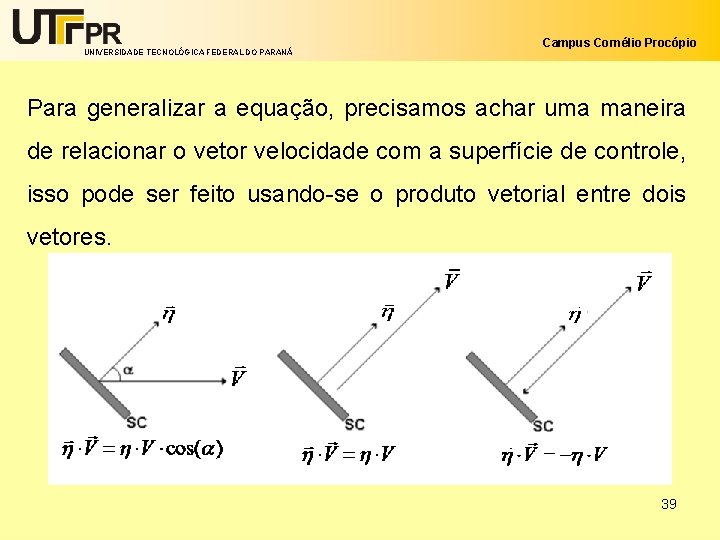 UNIVERSIDADE TECNOLÓGICA FEDERAL DO PARANÁ Campus Cornélio Procópio Para generalizar a equação, precisamos achar