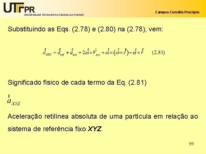 UNIVERSIDADE TECNOLÓGICA FEDERAL DO PARANÁ Campus Cornélio Procópio Substituindo as Eqs. (2. 78) e