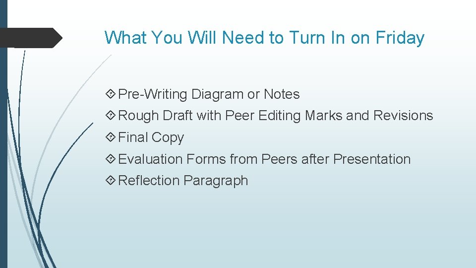What You Will Need to Turn In on Friday Pre-Writing Diagram or Notes Rough