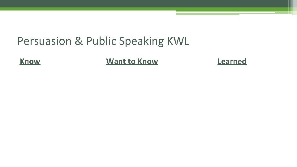 Persuasion & Public Speaking KWL Know Want to Know Learned Persuasion & Public Speaking KWL Know Want to Know Learned