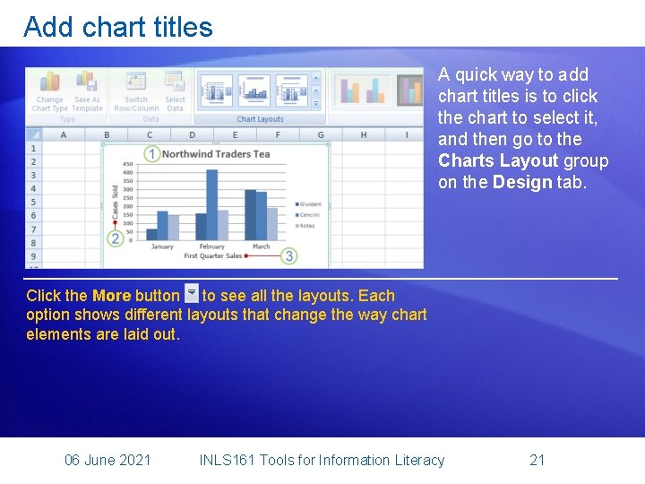 Add chart titles A quick way to add chart titles is to click the