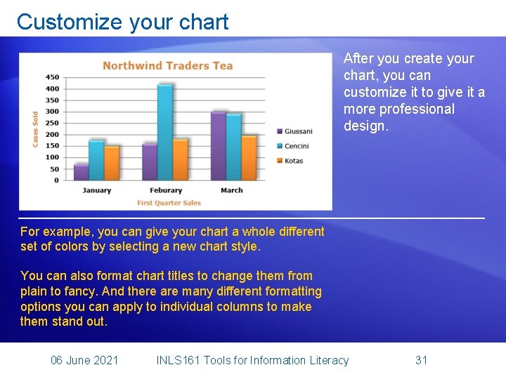 Customize your chart After you create your chart, you can customize it to give