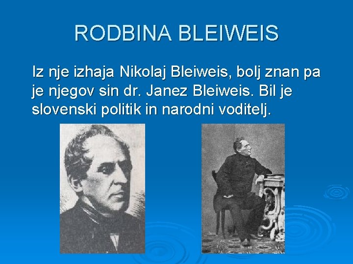 RODBINA BLEIWEIS Iz nje izhaja Nikolaj Bleiweis, bolj znan pa je njegov sin dr.