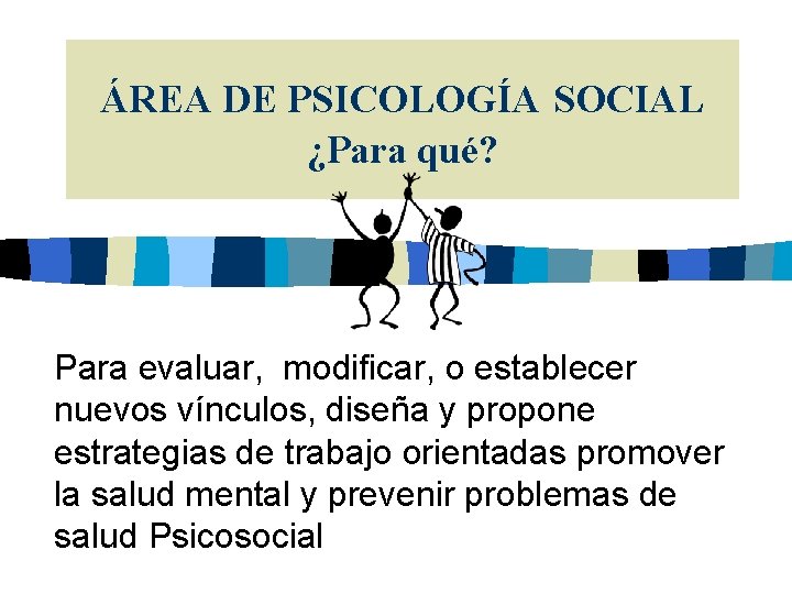 ÁREA DE PSICOLOGÍA SOCIAL ¿Para qué? Para evaluar, modificar, o establecer nuevos vínculos, diseña