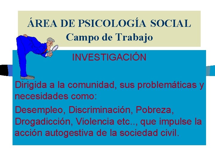 ÁREA DE PSICOLOGÍA SOCIAL Campo de Trabajo INVESTIGACIÓN Dirigida a la comunidad, sus problemáticas