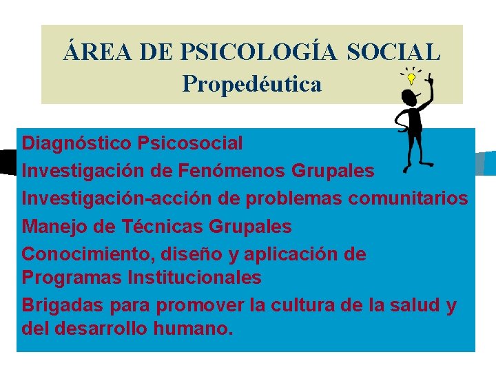 ÁREA DE PSICOLOGÍA SOCIAL Propedéutica Diagnóstico Psicosocial Investigación de Fenómenos Grupales Investigación-acción de problemas