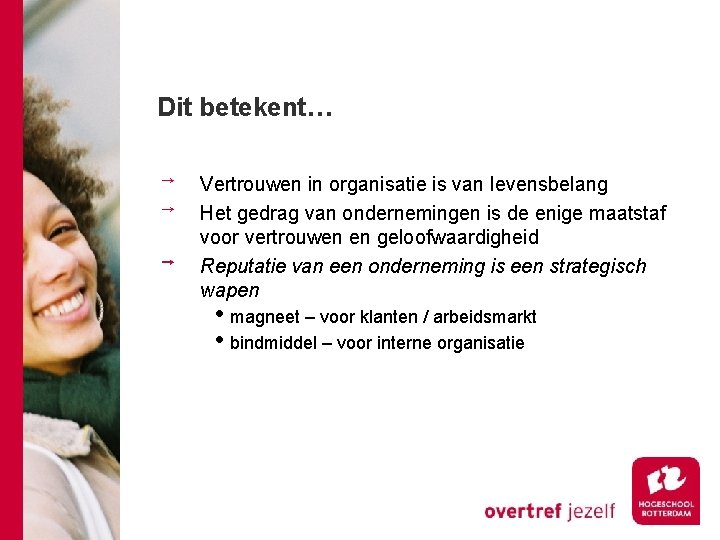 Dit betekent… Vertrouwen in organisatie is van levensbelang Het gedrag van ondernemingen is de