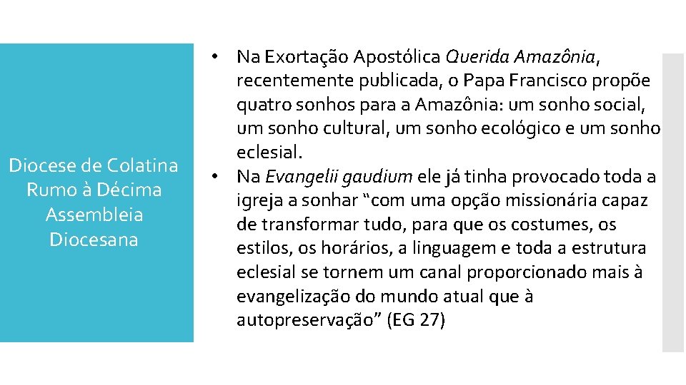 Diocese de Colatina Rumo à Décima Assembleia Diocesana • Na Exortação Apostólica Querida Amazônia,