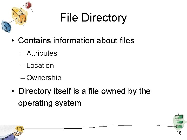 File Directory • Contains information about files – Attributes – Location – Ownership •