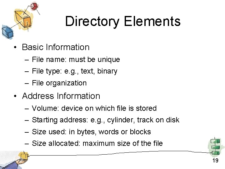 Directory Elements • Basic Information – File name: must be unique – File type: