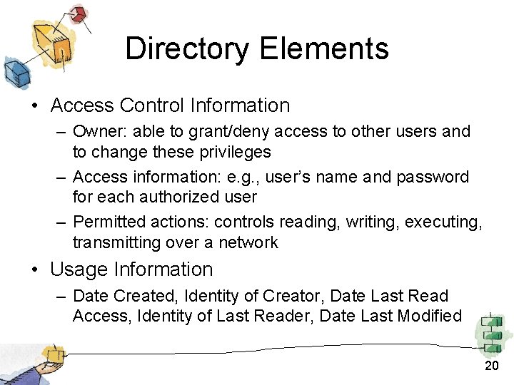 Directory Elements • Access Control Information – Owner: able to grant/deny access to other