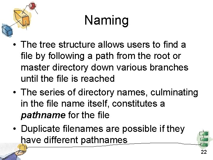 Naming • The tree structure allows users to find a file by following a