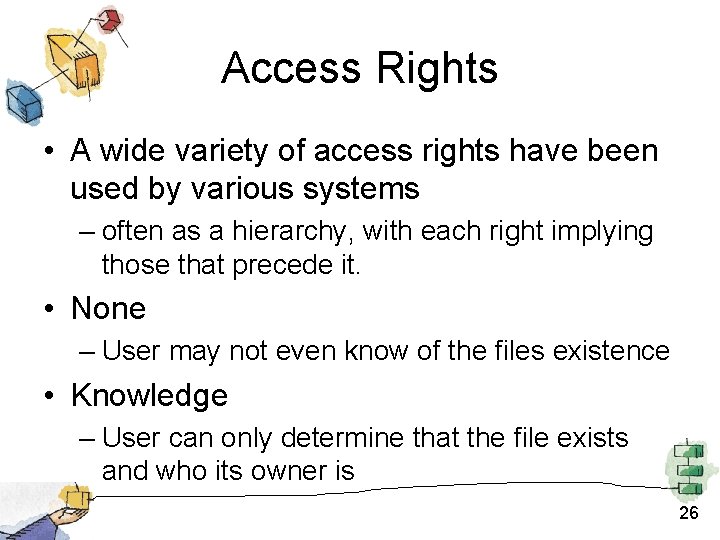 Access Rights • A wide variety of access rights have been used by various