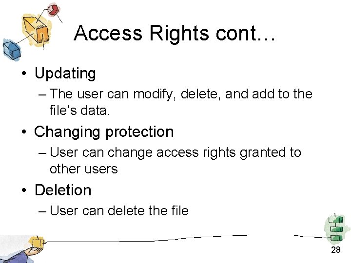 Access Rights cont… • Updating – The user can modify, delete, and add to