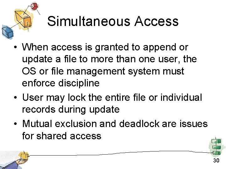 Simultaneous Access • When access is granted to append or update a file to