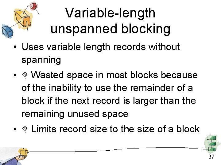 Variable-length unspanned blocking • Uses variable length records without spanning • Wasted space in