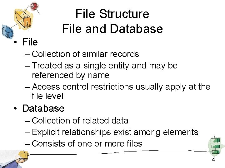 File Structure File and Database • File – Collection of similar records – Treated