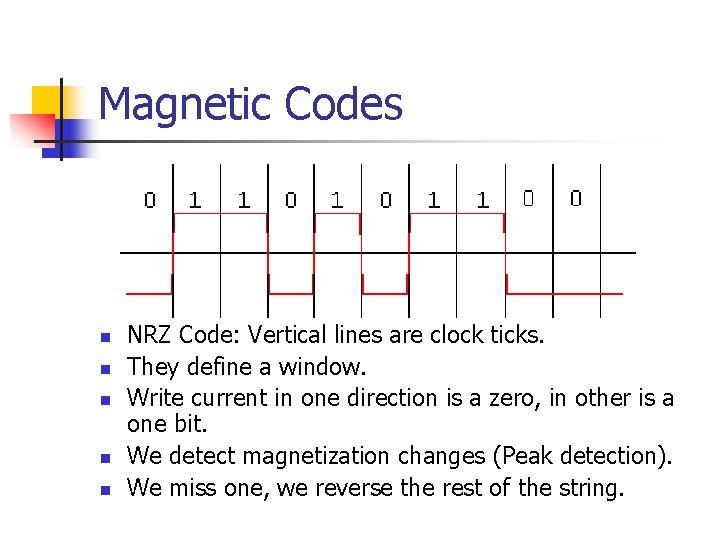 Magnetic Codes n n n NRZ Code: Vertical lines are clock ticks. They define