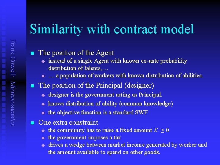 Similarity with contract model Frank Cowell: Microeconomics n The position of the Agent u