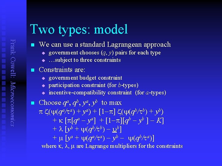 Two types: model Frank Cowell: Microeconomics n We can use a standard Lagrangean approach