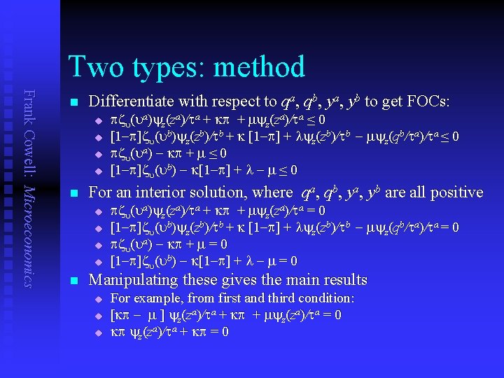 Two types: method Frank Cowell: Microeconomics n Differentiate with respect to qa, qb, ya,