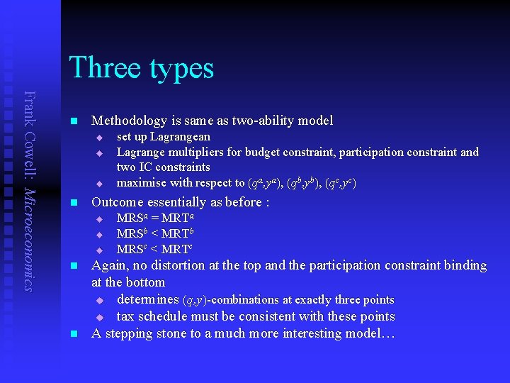 Three types Frank Cowell: Microeconomics n Methodology is same as two-ability model u u