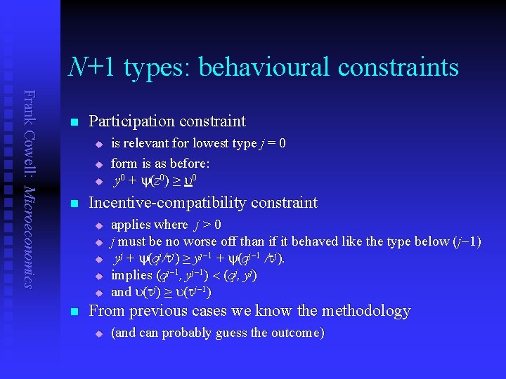 N+1 types: behavioural constraints Frank Cowell: Microeconomics n Participation constraint u u u n