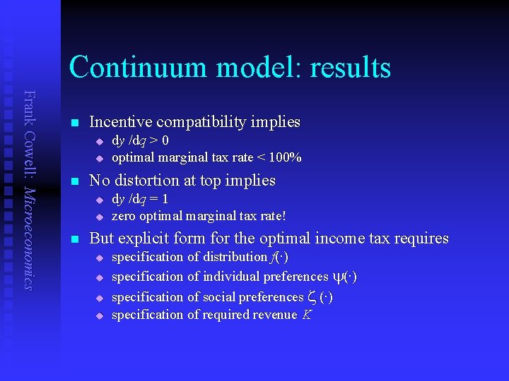 Continuum model: results Frank Cowell: Microeconomics n Incentive compatibility implies u u n No