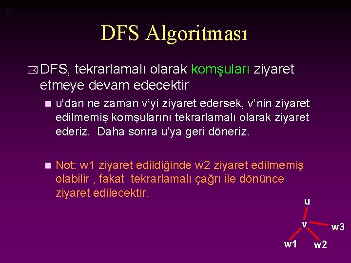 3 DFS Algoritması * DFS, tekrarlamalı olarak komşuları ziyaret etmeye devam edecektir n u‘dan