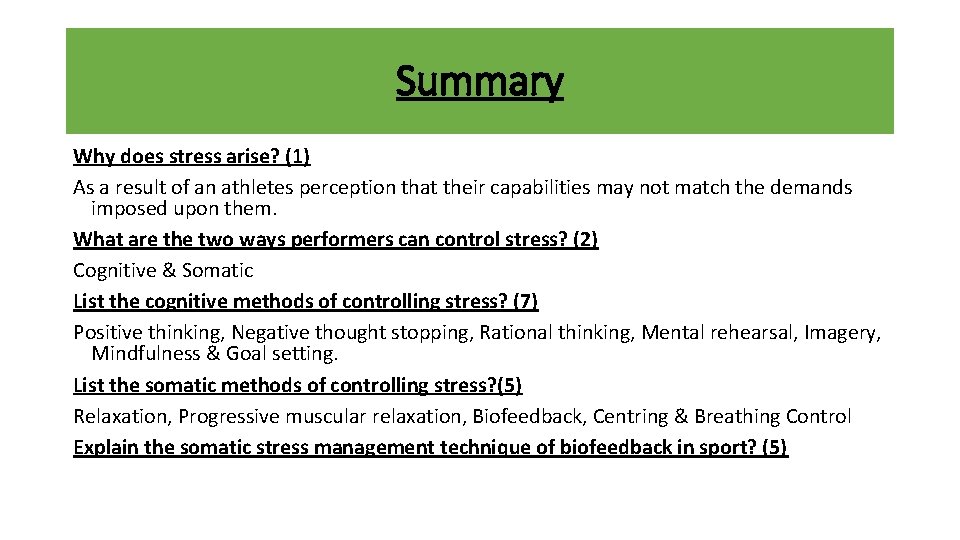 Summary Why does stress arise? (1) As a result of an athletes perception that