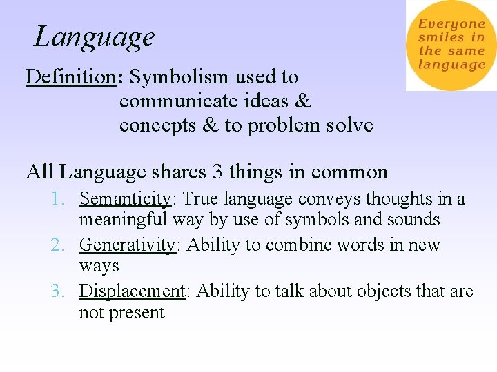 Language Definition: Symbolism used to communicate ideas & concepts & to problem solve All