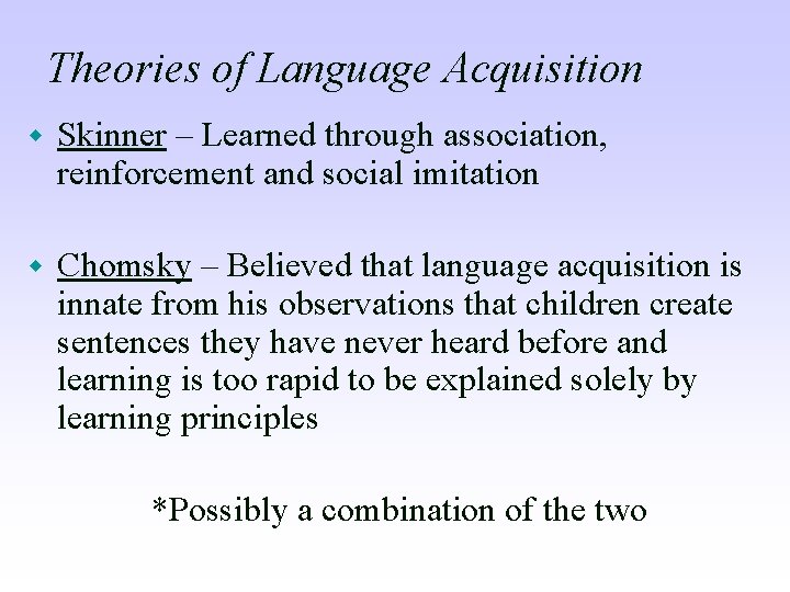 Theories of Language Acquisition w Skinner – Learned through association, reinforcement and social imitation