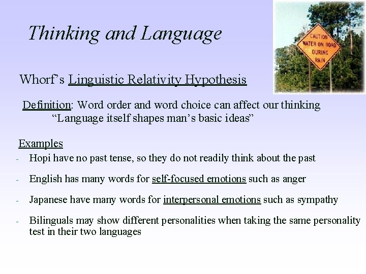 Thinking and Language Whorf’s Linguistic Relativity Hypothesis Definition: Word order and word choice can