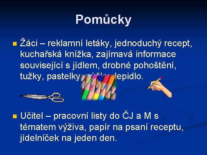 Pomůcky n Žáci – reklamní letáky, jednoduchý recept, kuchařská knížka, zajímavá informace související s