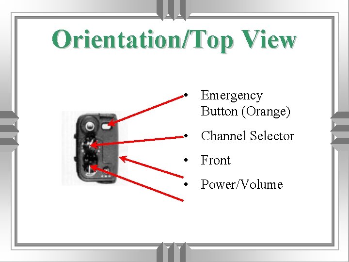 Orientation/Top View • Emergency Button (Orange) • Channel Selector • Front • Power/Volume 