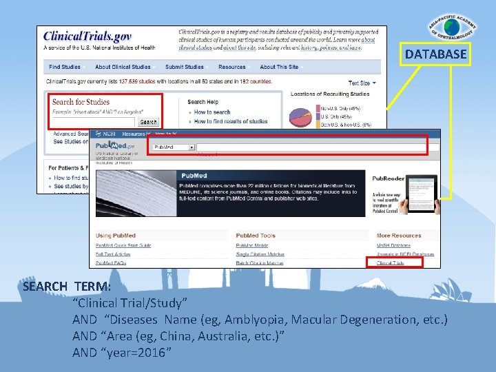 DATABASE SEARCH TERM: “Clinical Trial/Study” AND “Diseases Name (eg, Amblyopia, Macular Degeneration, etc. )