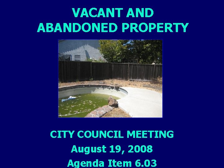 VACANT AND ABANDONED PROPERTY CITY COUNCIL MEETING August 19, 2008 Agenda Item 6. 03