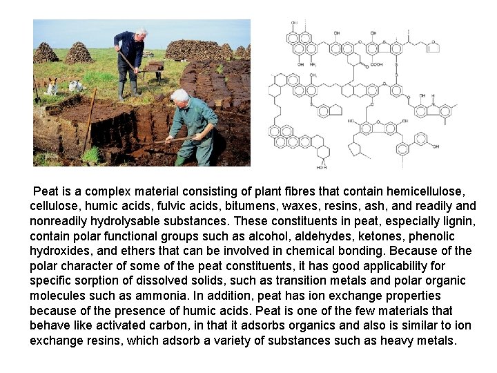 Peat is a complex material consisting of plant fibres that contain hemicellulose, humic acids,