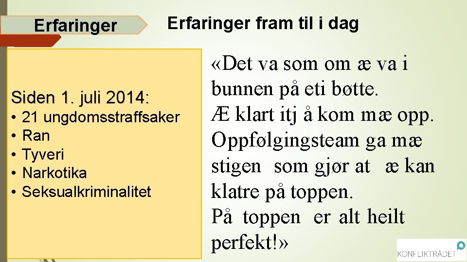 Erfaringer fram til i dag Siden 1. juli 2014: • • • 21 ungdomsstraffsaker