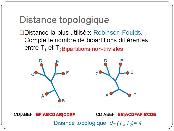 Distance topologique �Distance la plus utilisée: Robinson-Foulds. Compte le nombre de bipartitions différentes entre