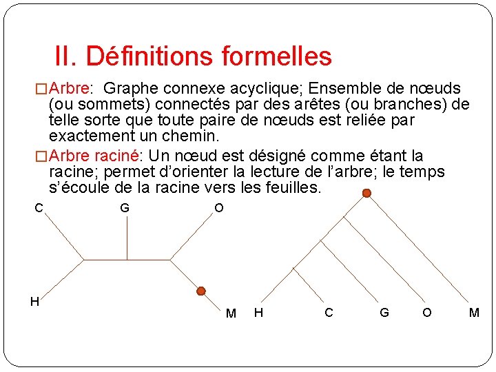 II. Définitions formelles � Arbre: Graphe connexe acyclique; Ensemble de nœuds (ou sommets) connectés