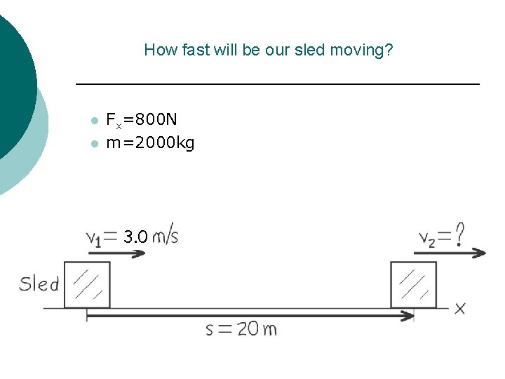 How fast will be our sled moving? l l Fx=800 N m=2000 kg 3.
