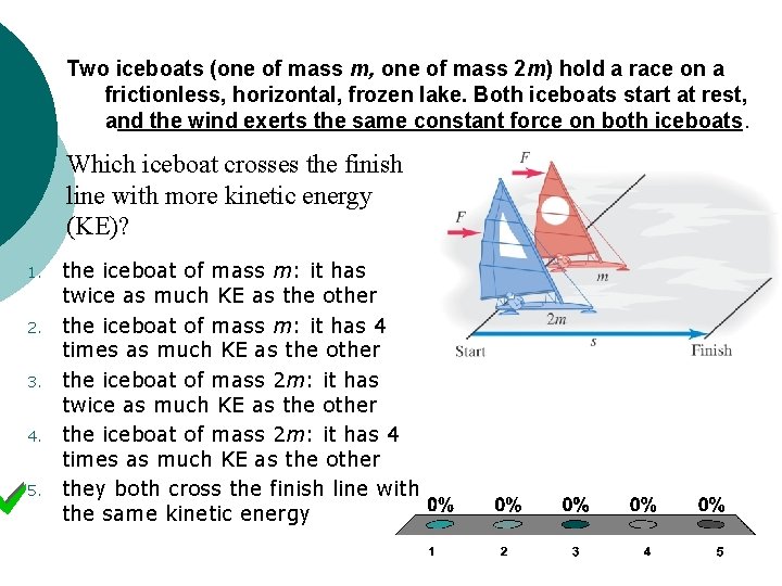 Two iceboats (one of mass m, one of mass 2 m) hold a race