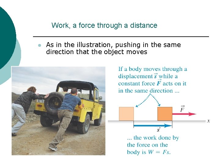 Work, a force through a distance l As in the illustration, pushing in the