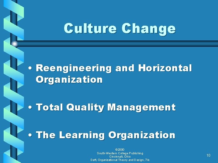 Culture Change • Reengineering and Horizontal Organization • Total Quality Management • The Learning