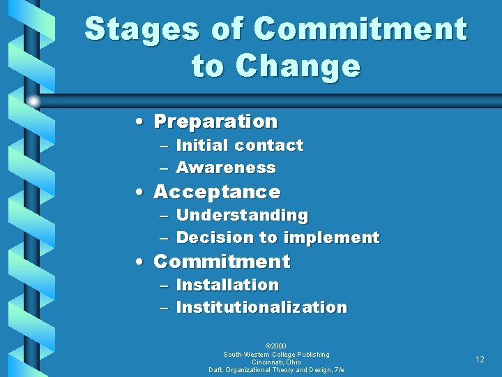 Stages of Commitment to Change • Preparation – – Initial contact Awareness • Acceptance