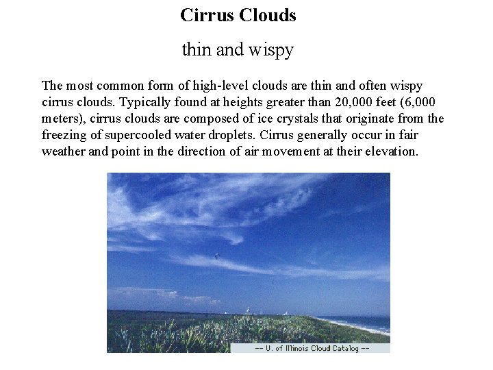 Cirrus Clouds thin and wispy The most common form of high-level clouds are thin