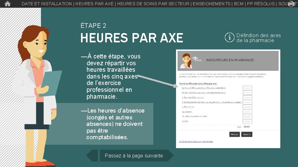 DATE ET INSTALLATION | HEURES PAR AXE | HEURES DE SOINS PAR SECTEUR |